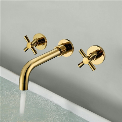 Gold Wall Mount Dual Cross Handle Bathroom Faucet